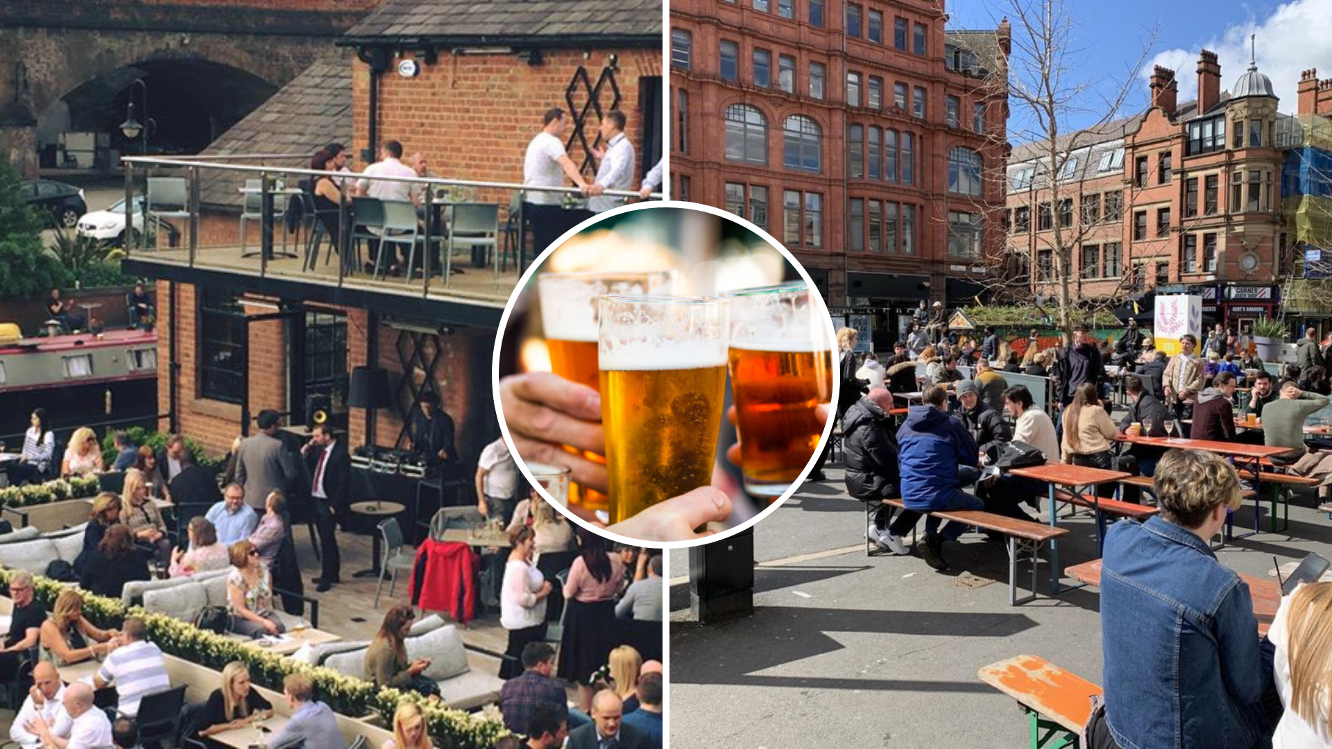Dukes 92 of Manchester's outdoor area (left), Stevenson Square (right), stock image of beer (centre)