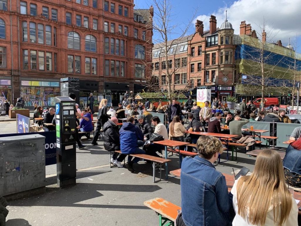 Stevenson Square, more so Flok the bar, in Manchester's outdoor seating with pub-goers enjoying the social setting